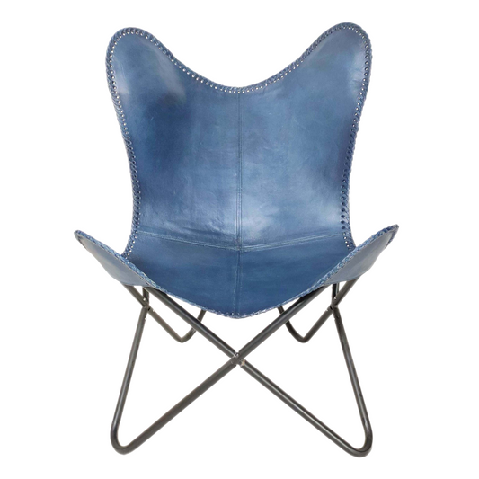 Amazing Reclining Genuine Blue Leather Butterfly Chair