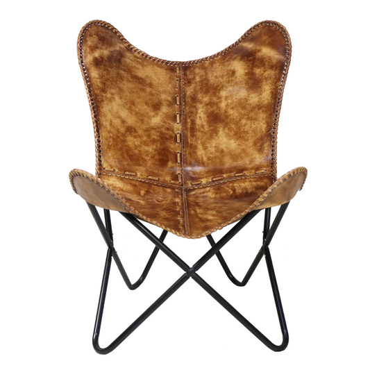 Curved Design Brown Antique Leather Butterfly Chair